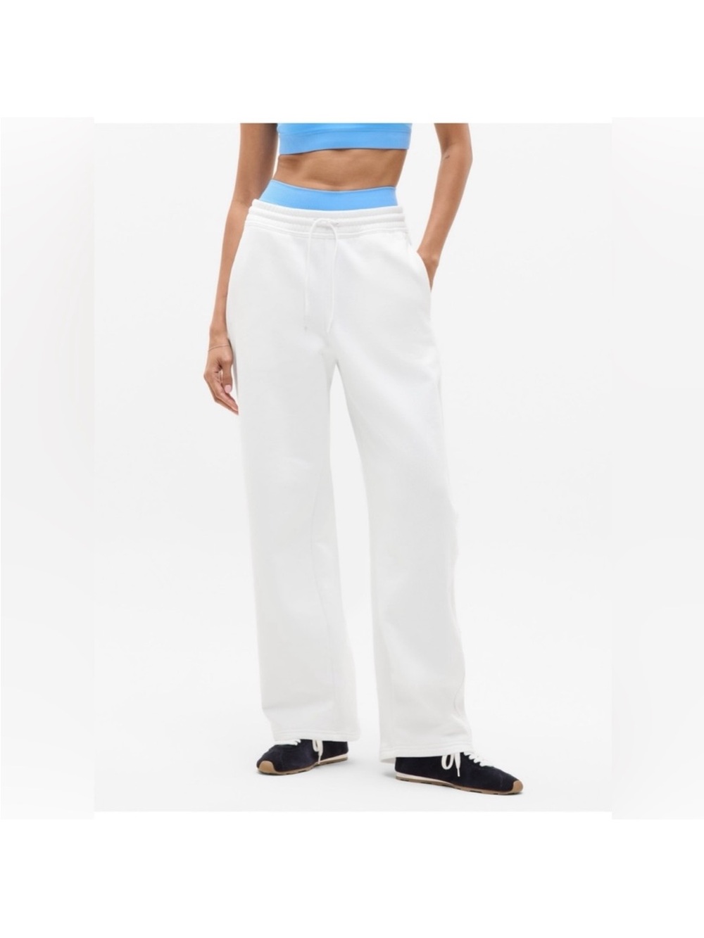 Athleta White Wide-Leg Sweatpants with Blue Waistband
